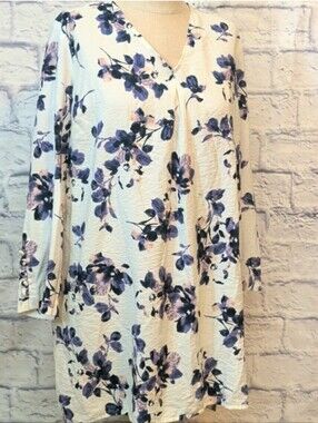 J. Jill 3/4 Sleeve Floral V-Neck White Blouse w/ Purple Floral - Size Large-Tall